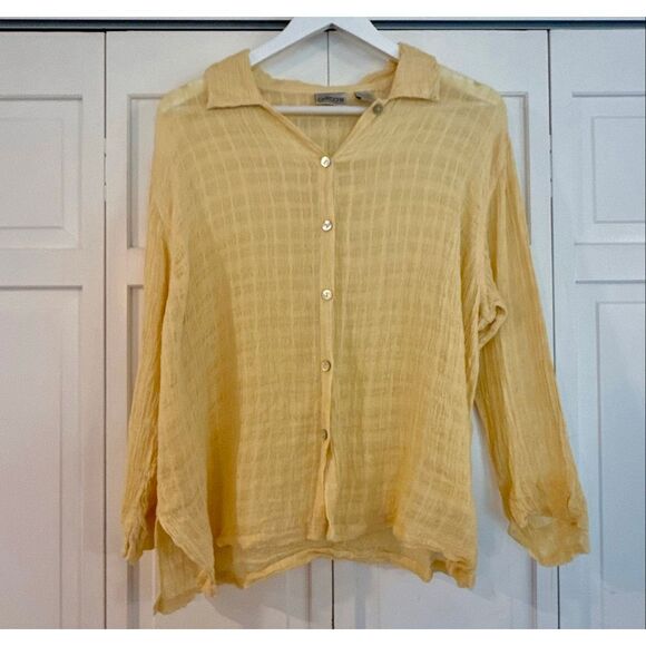 Chicos 100% butter yellow linen gauze collared blouse 2 large - Picture 2 of 10